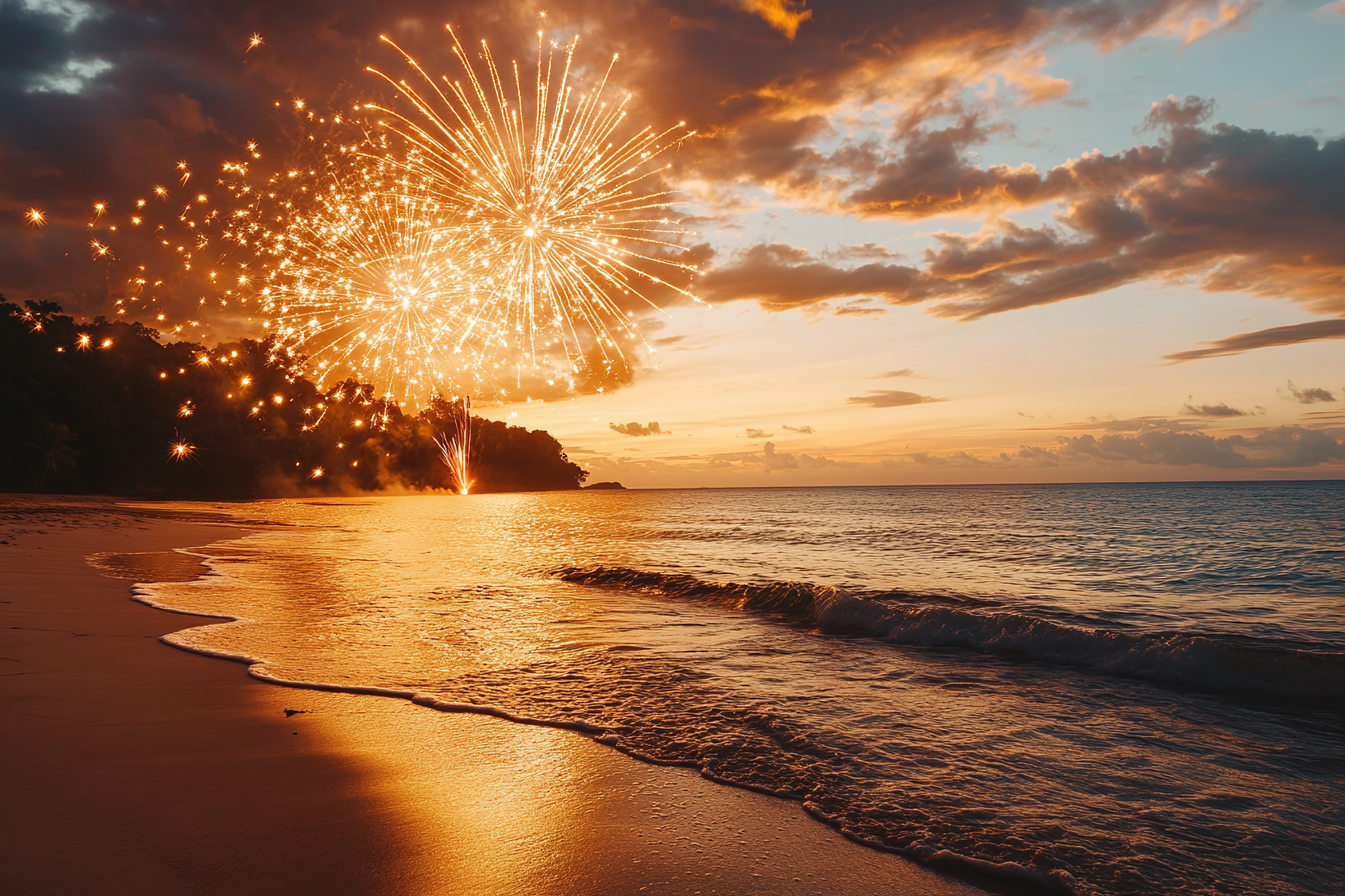 New Year's fireworks over the water in Los Cabos